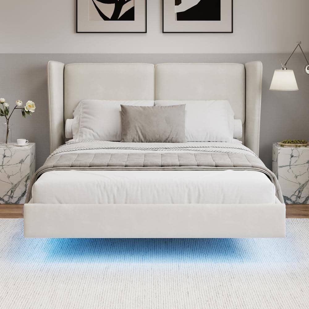 Holaki Full Size Bed Frame,Modern Style Velvet Fabric Floating Bed Frame with LED Lights Wingback Upholstered Bed No Box Springs Needed,Full Size,Beige