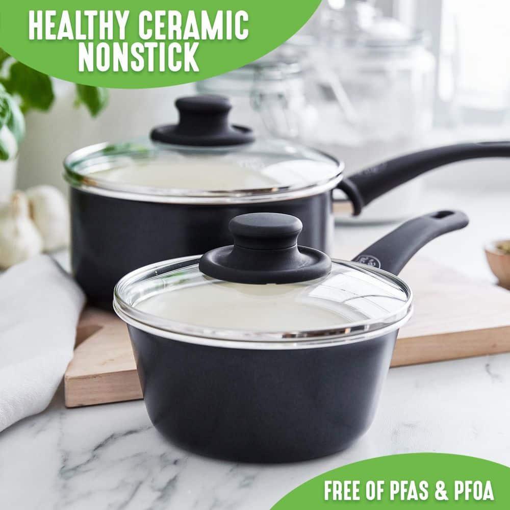 GreenLife GreenLife Soft Grip Healthy Ceramic Nonstick, 1QT And 2QT Saucepan Pot Set With Lids, Dishwasher Safe
