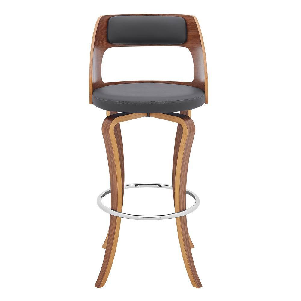 30 in. Grady Swivel Gray Faux Leather & Walnut Wood Bar Stool,
