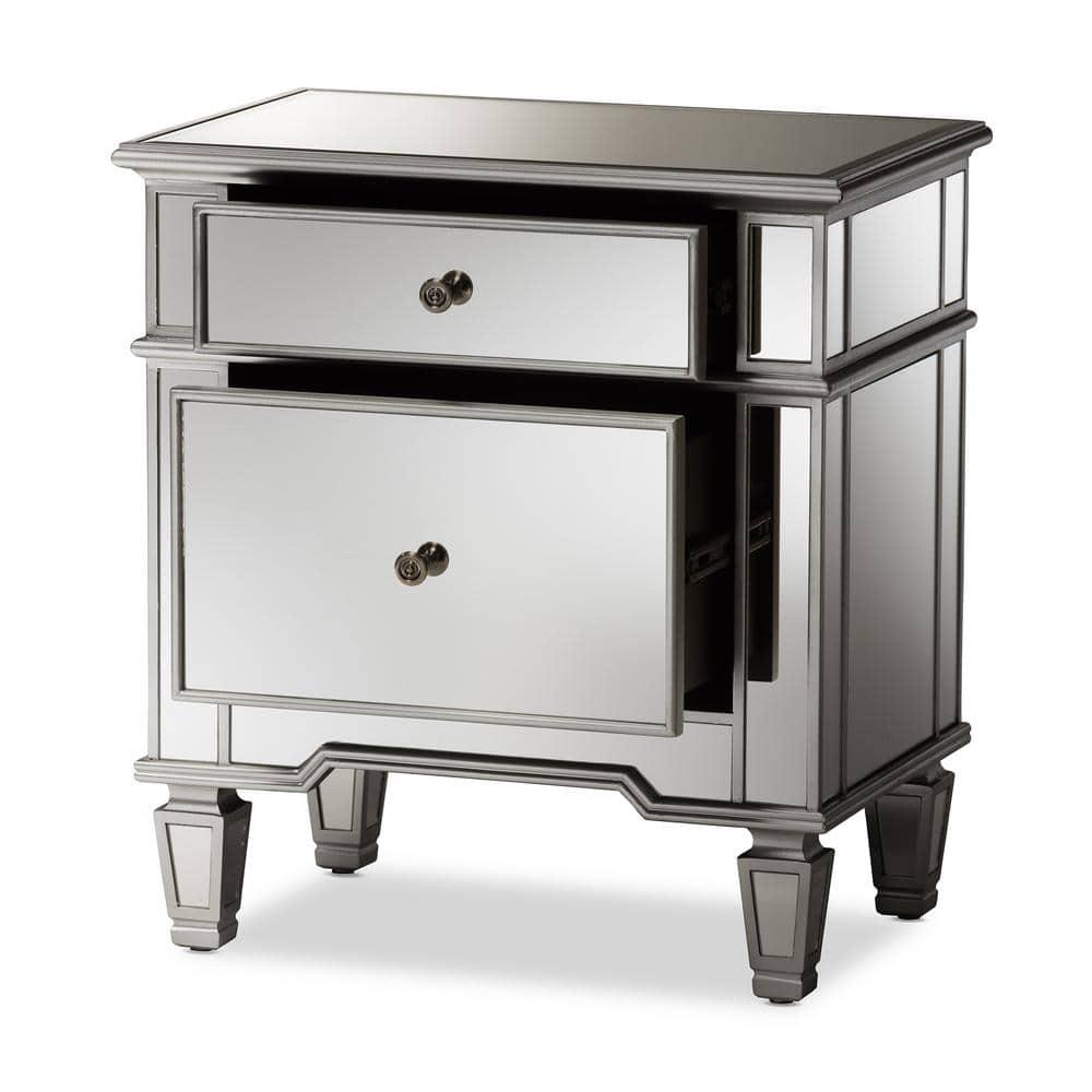 Sussie Hollywood Regency Glamour Style Mirrored 2 - Drawer Nightstand - Baxton Studio: Bronze Hardware, Beveled Top