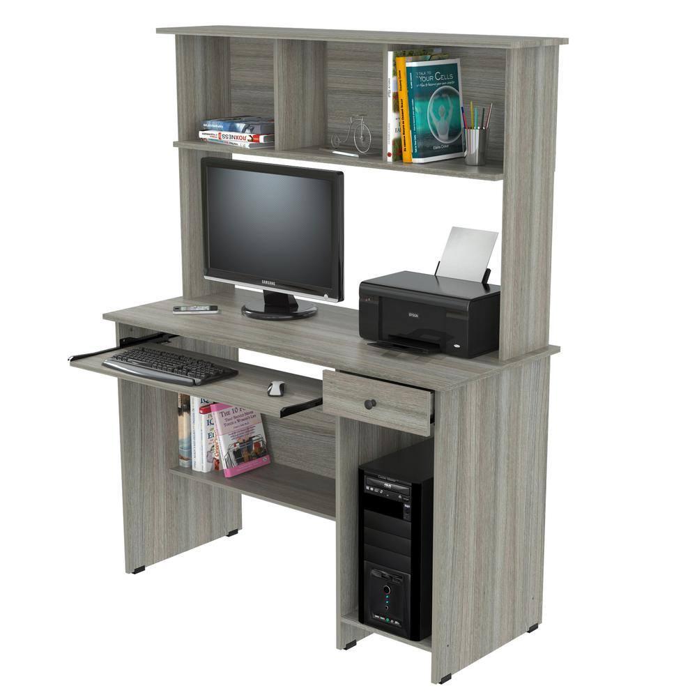 Computer Work Center with Hutch Gray - Inval: Melamine, MDF, Slide-Out Keyboard Tray