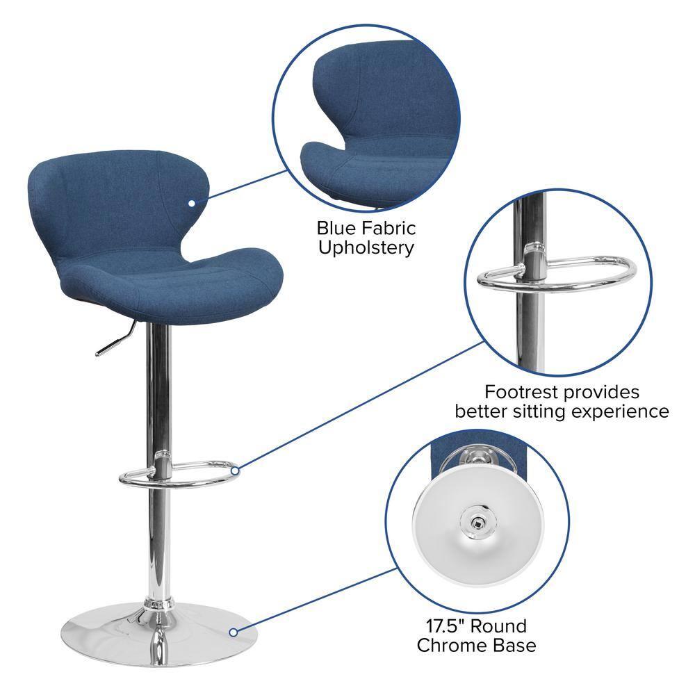 Flash Furniture Francis Contemporary Blue Fabric Adjustable Height Barstool with Curved Back and Chrome Base