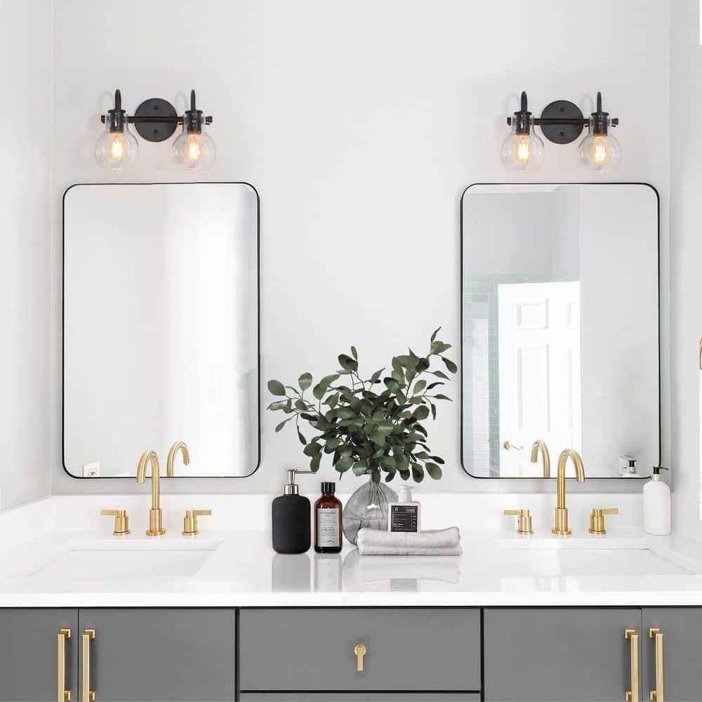 13" Black Metal Vanity Light with Clear Glass Globe Shades