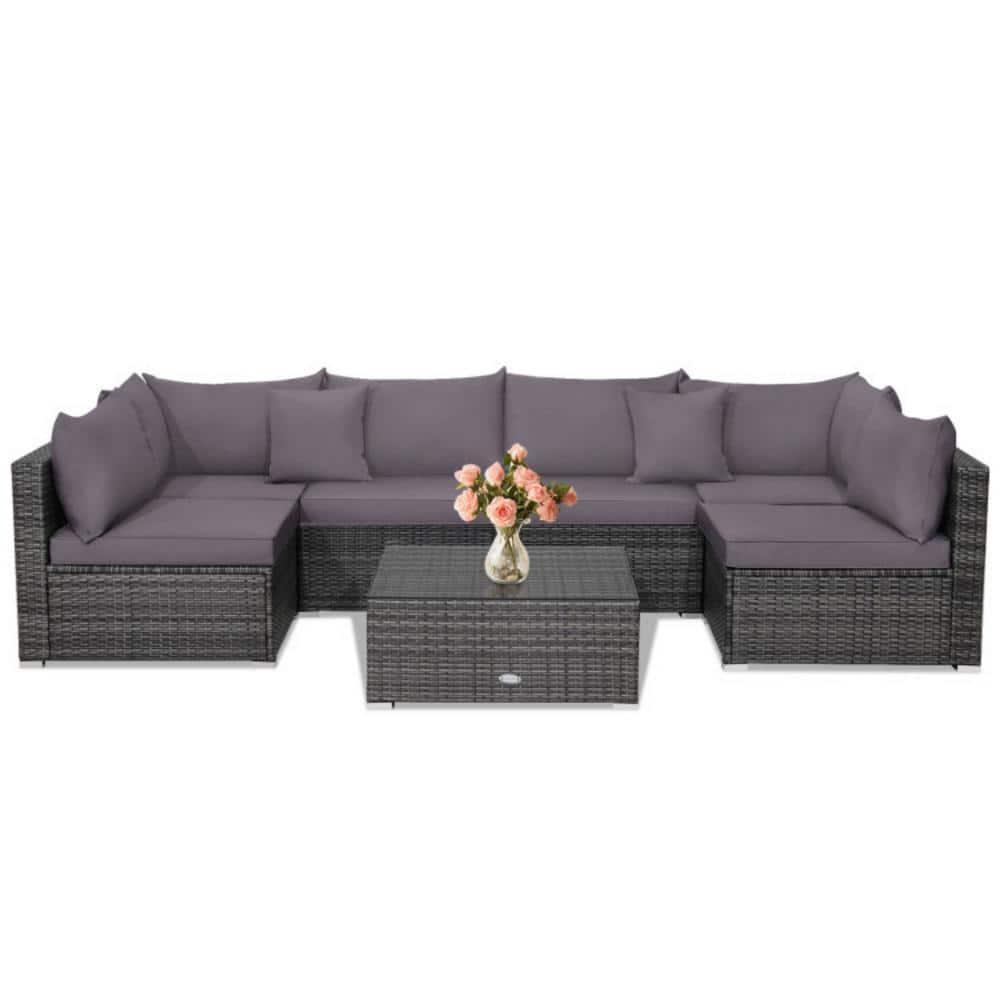 Costway 7PCS Patio Rattan Furniture Set Sectional Sofa Cushioned Garden Gray
