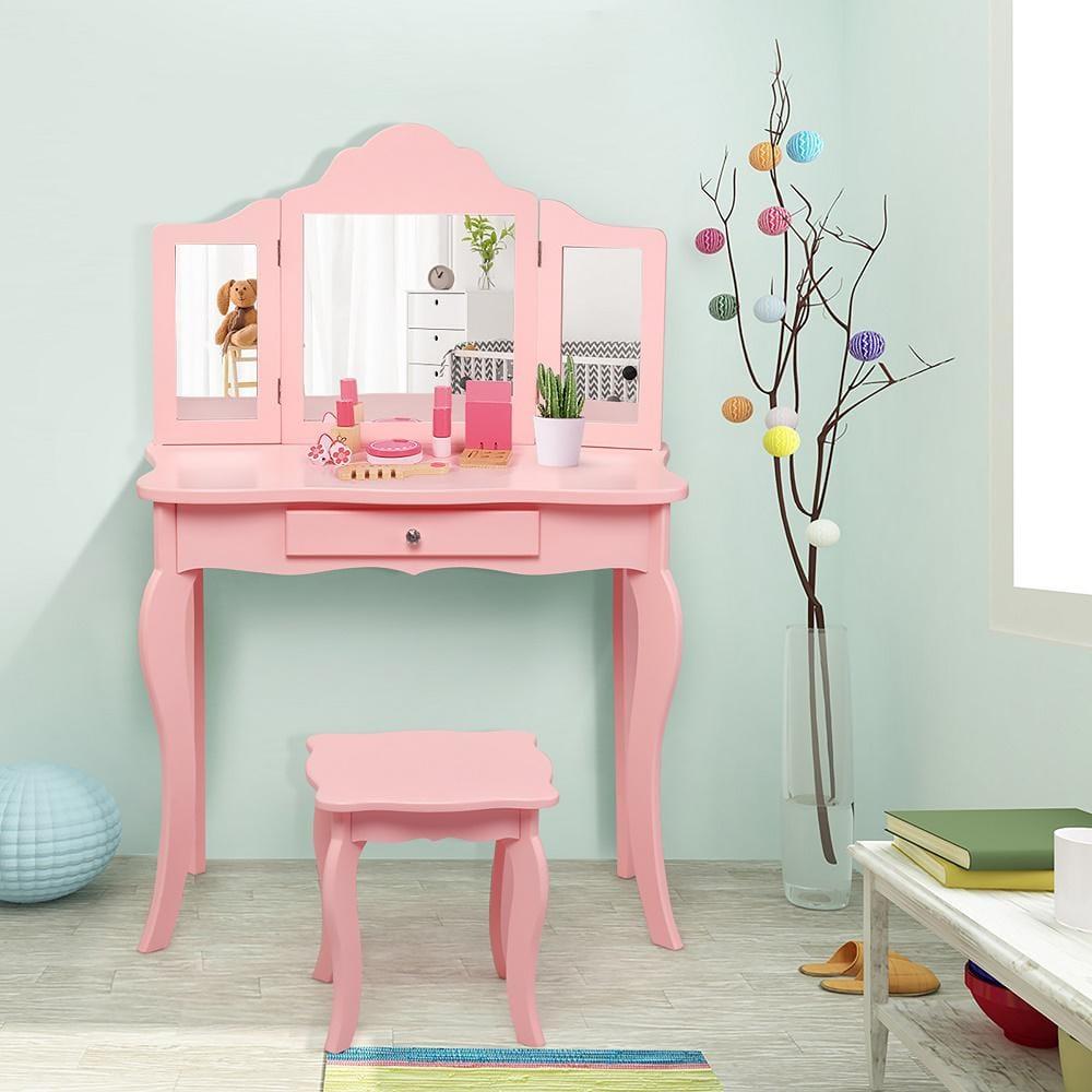 Infans Kids Vanity Table & Stool Princess Dressing Make Up Play Set for Girls Pink