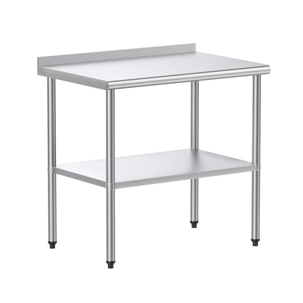 ROVSUN 36'' x 24'' Stainless Steel Table with Backsplash, Pre Work Table Metal Table for Kitchen Restaurant Home