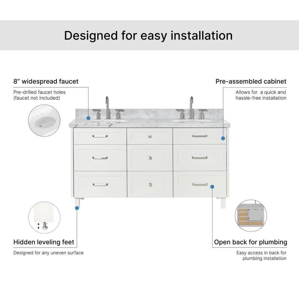 Ariel Monrow 67 Inch Double Oval Sink Bathroom Vanity With Italian Carrara Marble Countertop