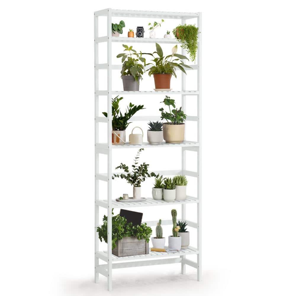CAPHAUS 6-Tier Bamboo Shelf, Bamboo Open Storage Bookcase with Adjustable Layer, Freestanding Plant Display Stand, Multifunctional Storage Rack Stand for Bathroom, Bedroom, Kitchen, White