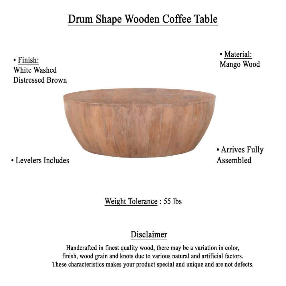 Arthur Drum Shape Wooden Coffee Table with Plank Design Base, Distressed Brown - UPT-32182 Brown
