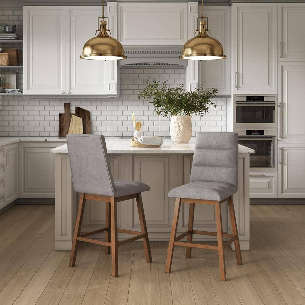 CorLiving Set of 2 Boston Channel Tufted Fabric Barstools Light Gray: Upholstered, Rubberwood Legs, Foam Padded