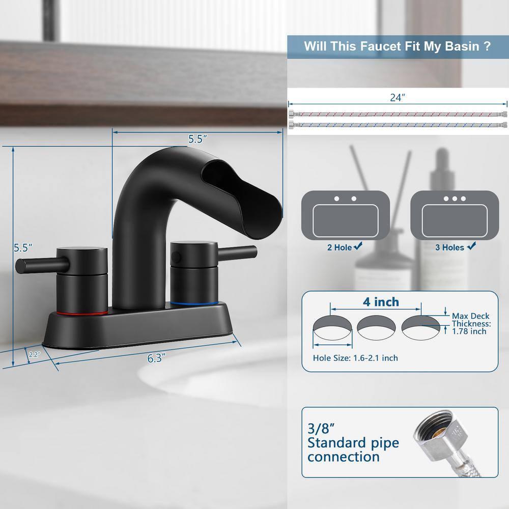 Qomolangma Waterfall Bathroom Faucets 2 or 3 Holes 2 Handles - Black Bathroom Sink Faucets Widespread with Pop Up Drain, Lavatory Mixer Tap with Deck Mount Plate for Bathroom Sink RV Vessel Basin