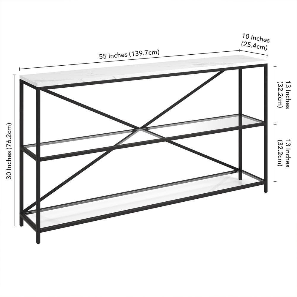 Evelyn&Zoe Fionn 55" Wide Rectangular Console Table with Faux Marble Top, Blackened Bronze