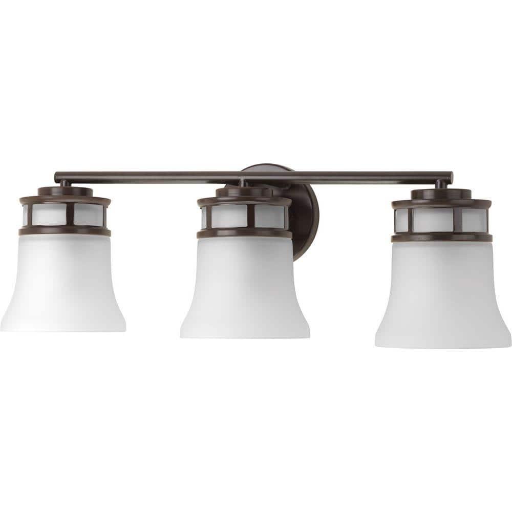 Progress Lighting Cascadia 3-Light Bath Vanity, Steel, Antique Bronze, Etched Glass Shade