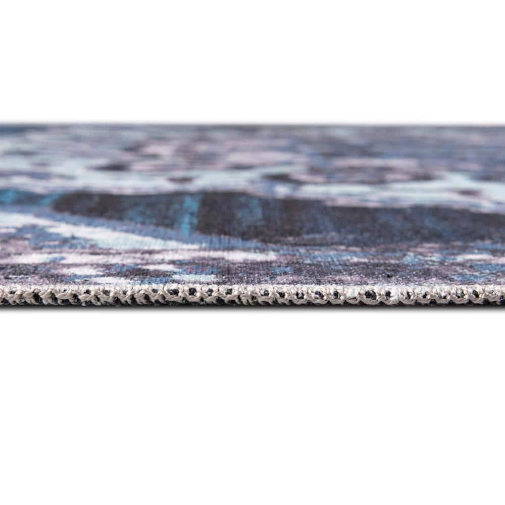 Navy Blue Medallion Synthetic Washable Square Rug