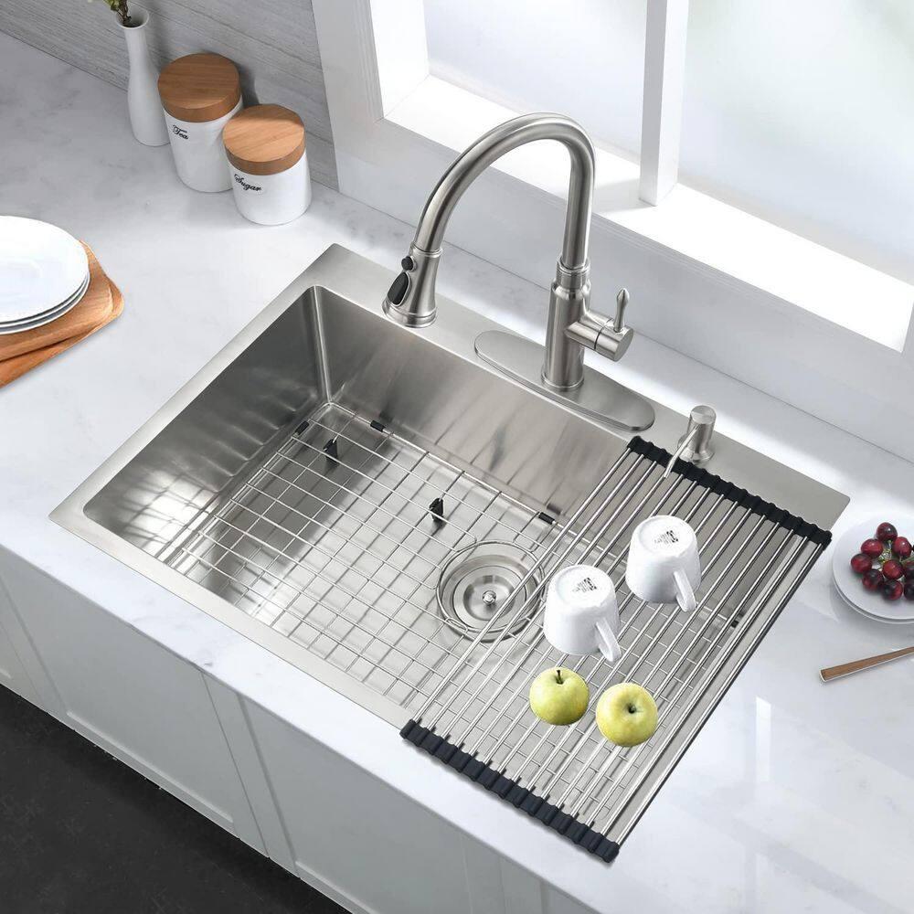 Clearance! Stainless Steel 30 in 2-Hole Single Bowl Drop-In Kitchen Sink with Bottom Grid and Basket Strainer