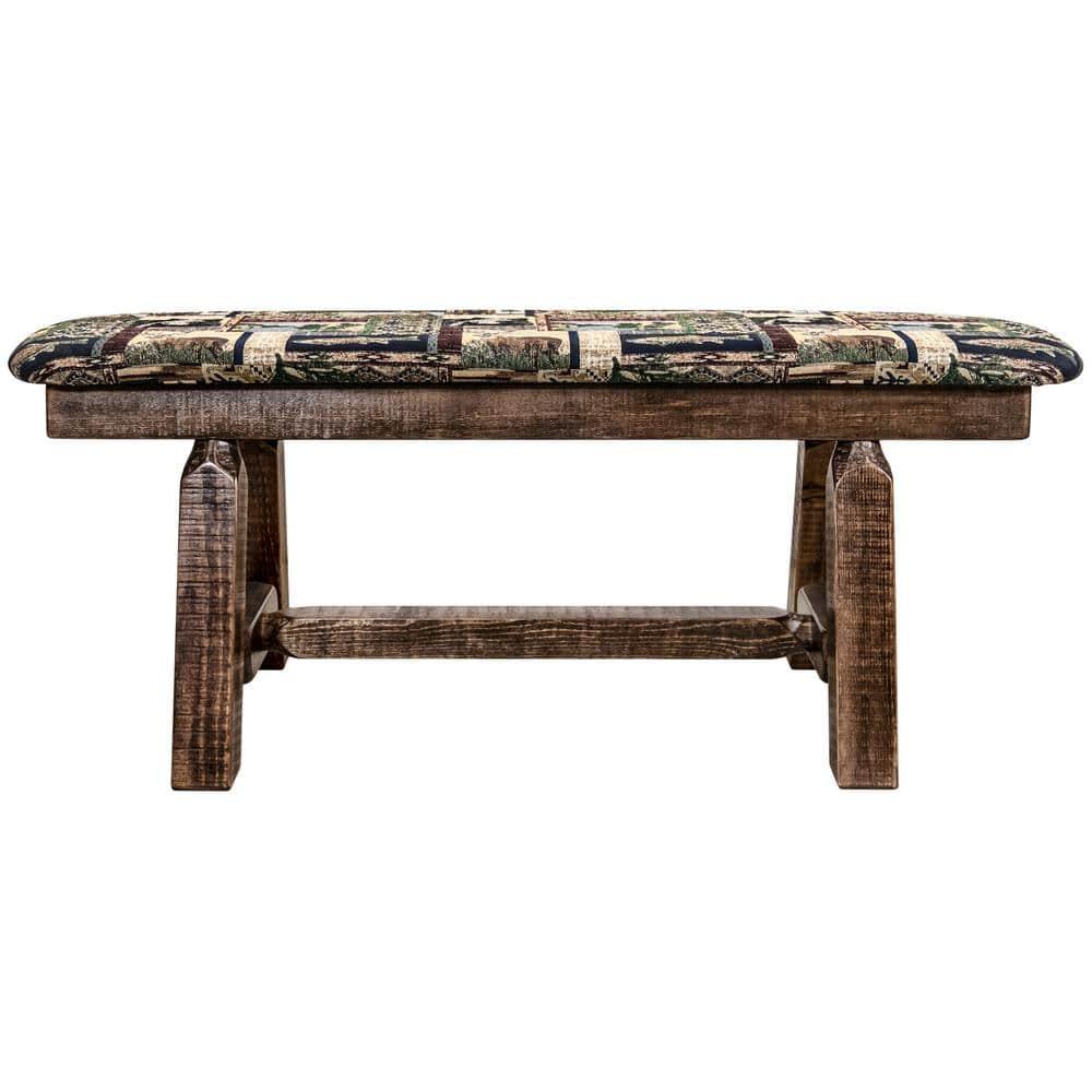 45 in. Homestead Collection Plank Style Bench with Woodland Upholstery, Stain & Clear Lacquer Finish