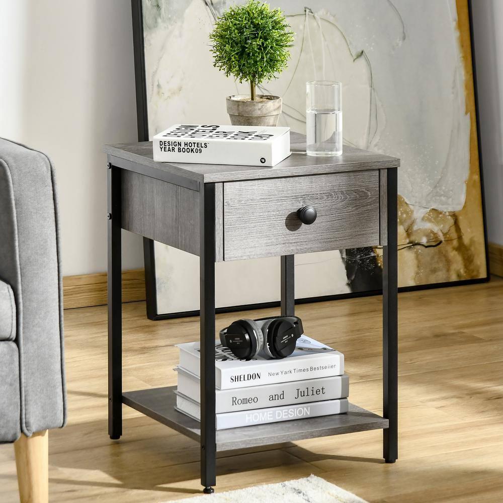 HOMCOM Industrial End Table with Storage Shelf, Accent Side Table with Drawer for Living Room, Gray