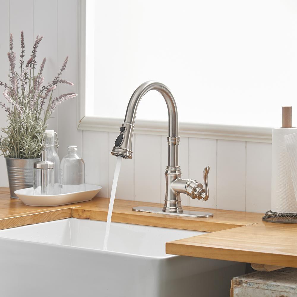 Kitchen Sink Faucet Brushed Nickel with Pull Down Sprayer 3 Mode Faucet for Kitchen Sink Single Handle High Arc Commercial Stainless Steel Pull Out RV Kitchen Faucet Bar,Deck Plate Include