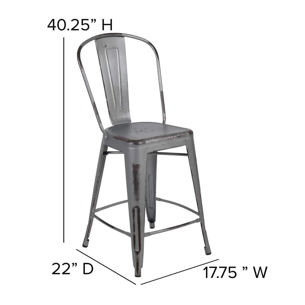 Flash Furniture Commercial Grade 24" High Distressed Silver Gray Metal Indoor-Outdoor Counter Height Stool with Back