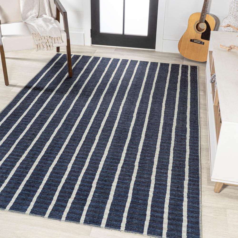 5' x 8' Rand Distressed Ticking Stripe Machine-Washable Area Rug, Navy/Ivory - JONATHAN Y