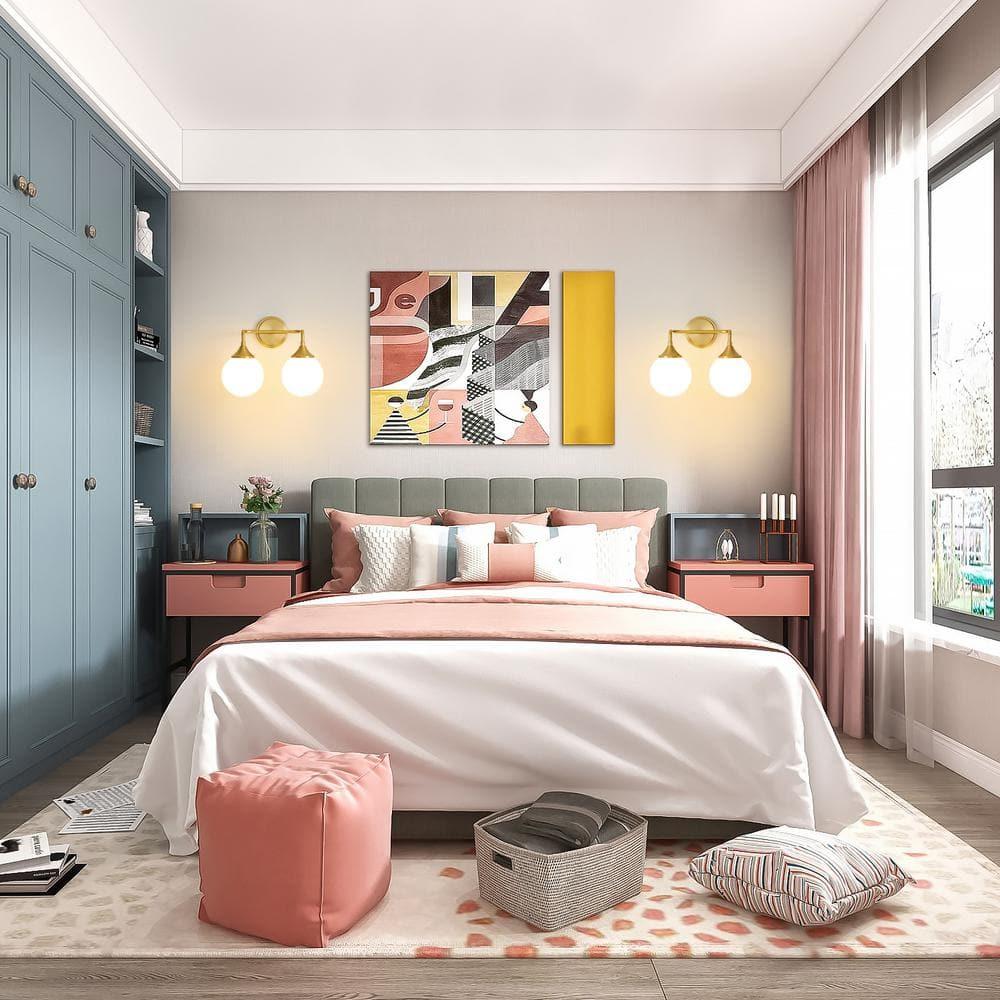 14.17 in. 2-Light Gold Vanity Light with Milk White Glass Shade, Suitable for Bathrooms Dining Room Powder Rooms