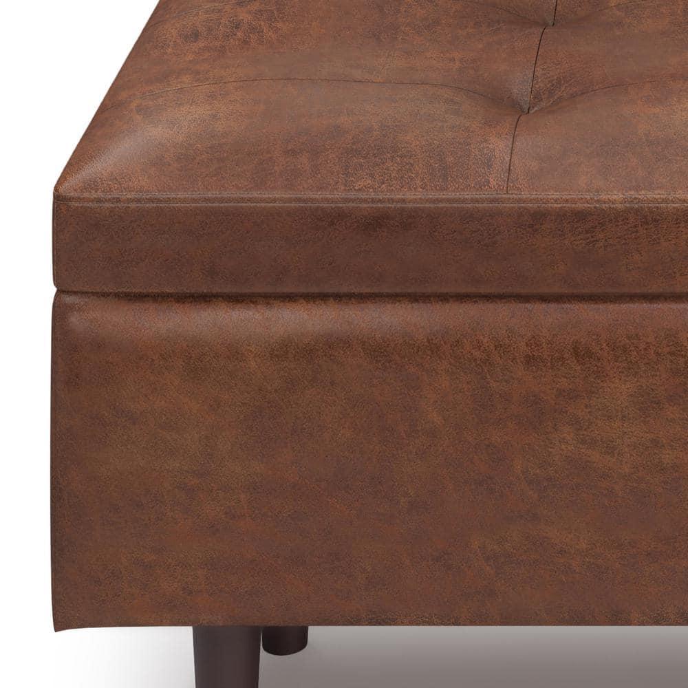 Simpli Home Shay 48 inch W. Modern Storage Ottoman in Distressed Saddle Brown Faux Leather