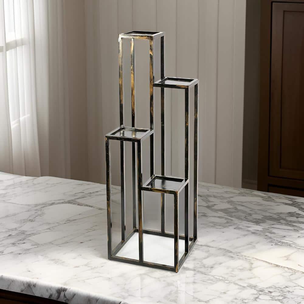 Benjara 4 Tier Cast Iron Frame Plant Stand with Tubular Legs, Black and Gold