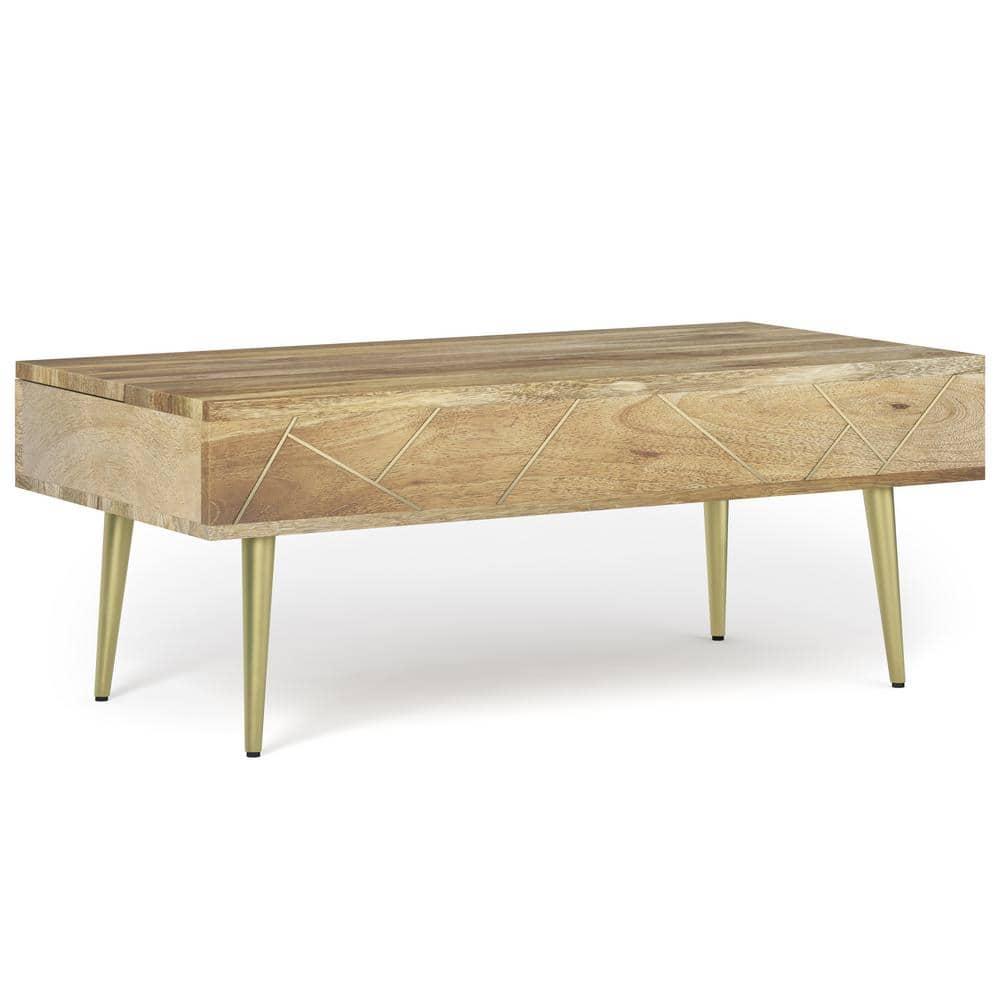 Simpli Home Jager 48"W Solid Mango Wood Contemporary Modern Lift Top Coffee Table with Hidden Storage and Geometric Brass Inlay