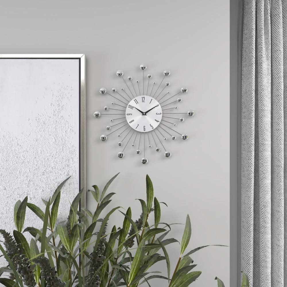 DecMode 15" Silver Metal Starburst Wall Clock with Crystal Accents