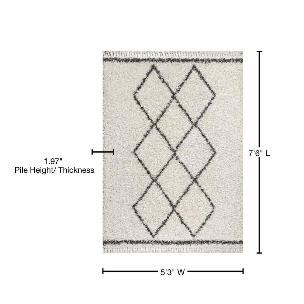 5'x8' Mercer Shag Plush Tassel Moroccan Geometric Trellis Area Rug, Cream/Grey - JONATHAN Y
