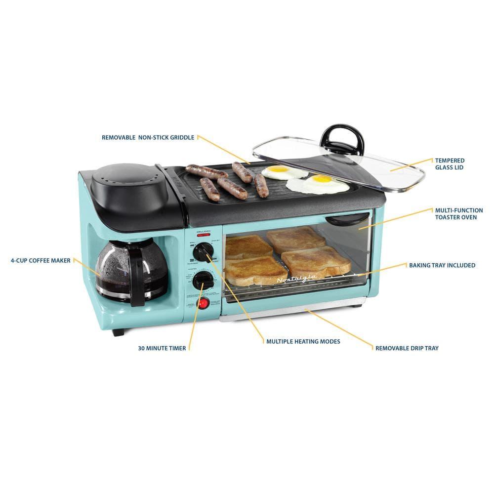 Nostalgia Retro 3-in-1 Family Size Electric Breakfast Station, Coffeemaker, Griddle, Toaster Oven, Aqua