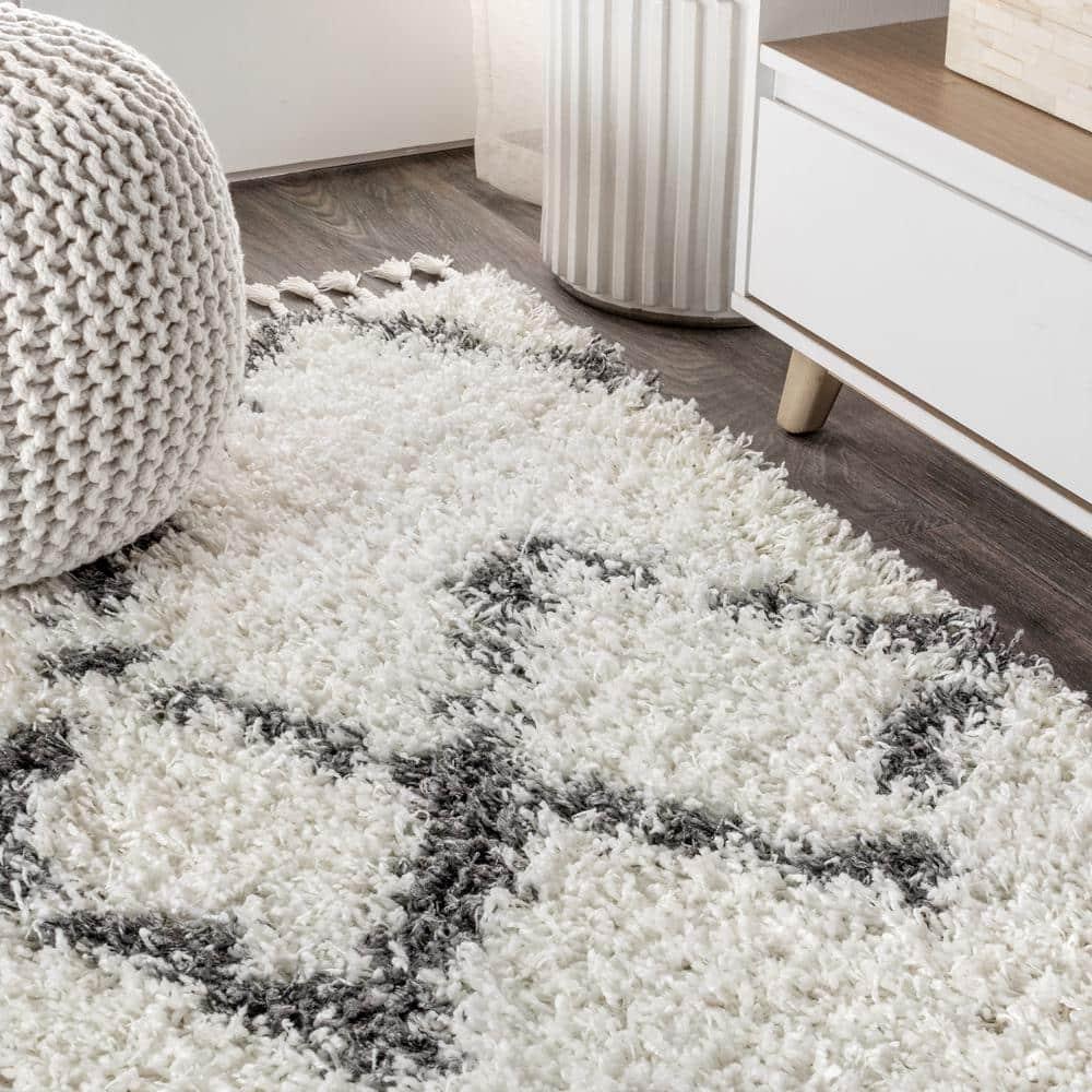 8'x10' Mercer Shag Plush Tassel Moroccan Geometric Trellis Area Rug, Cream/Grey - JONATHAN Y