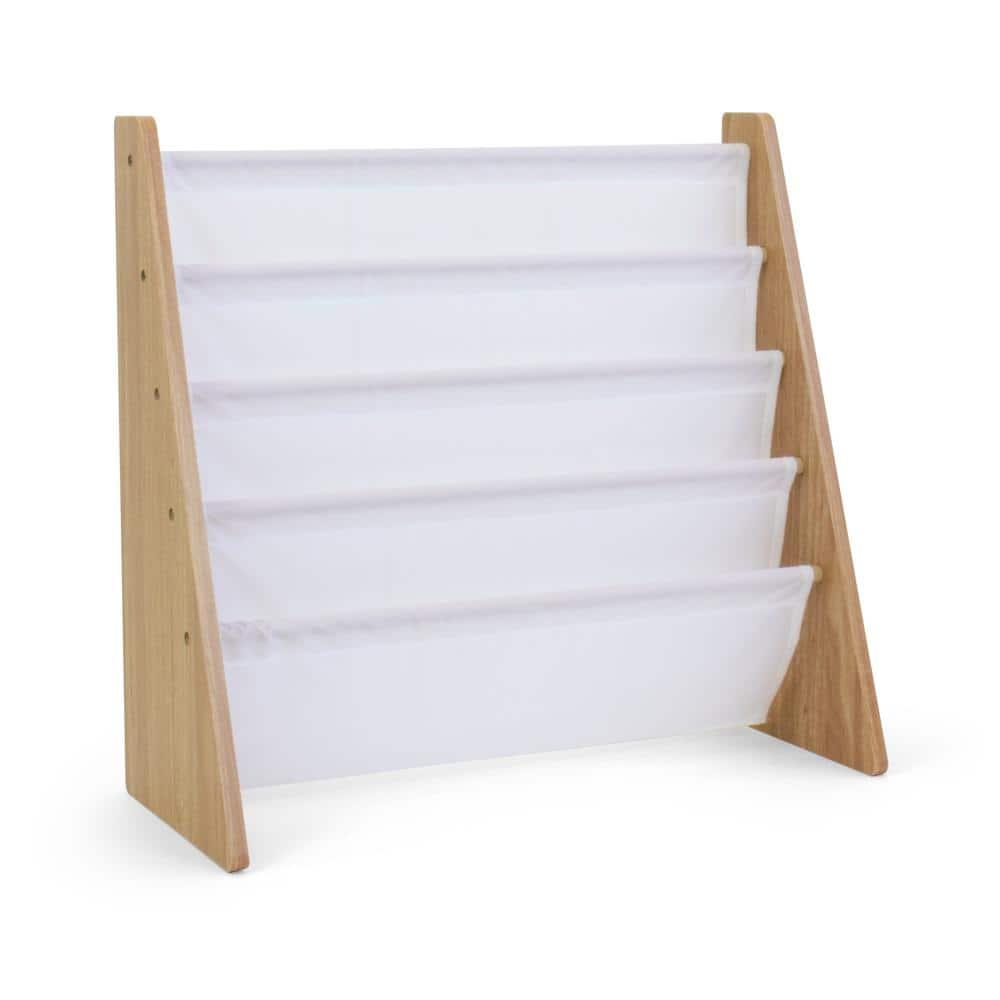 Humble Crew 4-Tier Kids Bookshelf, Natural Wood/White - Premium Book Shelf for Kids Rooms with Four Deep Pockets - Toddler Sling Book Rack with Deep Sleeves, Nursery Bookcase Organizer
