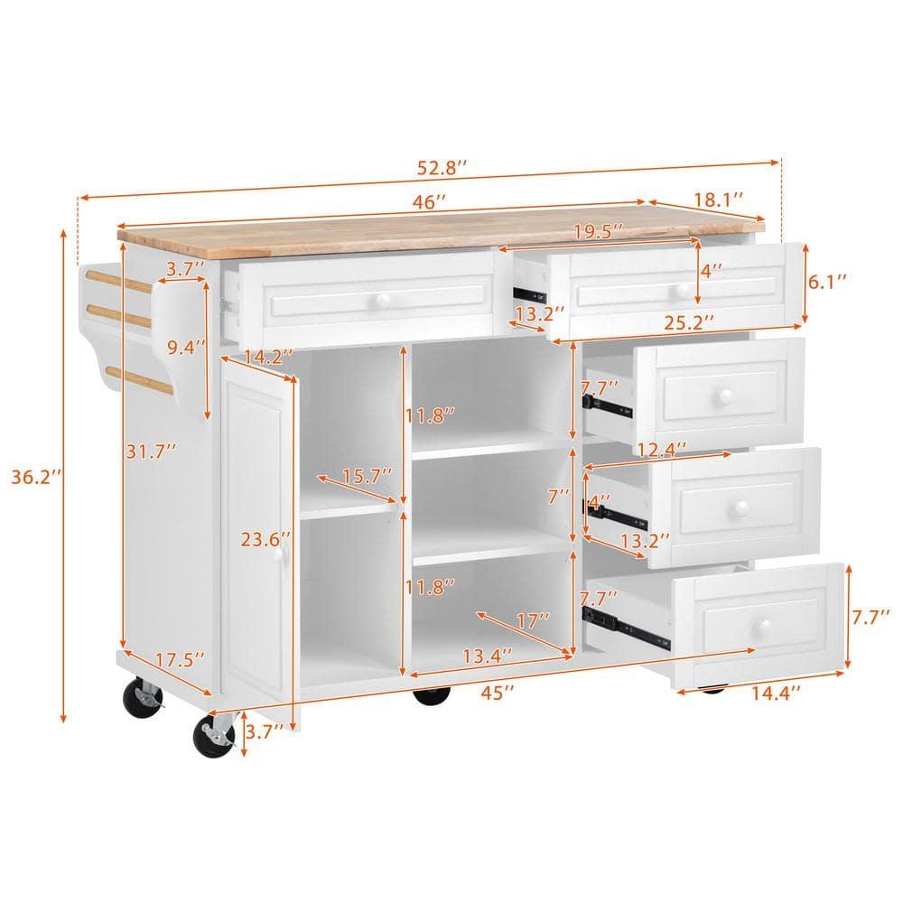 Kitchen Island Cart with 5 Drawers, 1 Cabinet and 2 Adjustable Shelves, 52.8" Kitchen Trolley Cart with Spacious Tabletop and Locking Wheels, Buffet Server Sideboard with Spice Rack & Towel Rack White