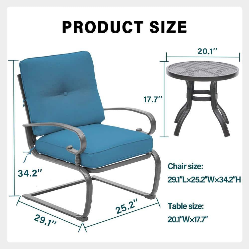 SUNCROWN 3-Piece Patio Furniture Outdoor Bistro Set Spring Metal Chairs and Round Bistro Table, Blue