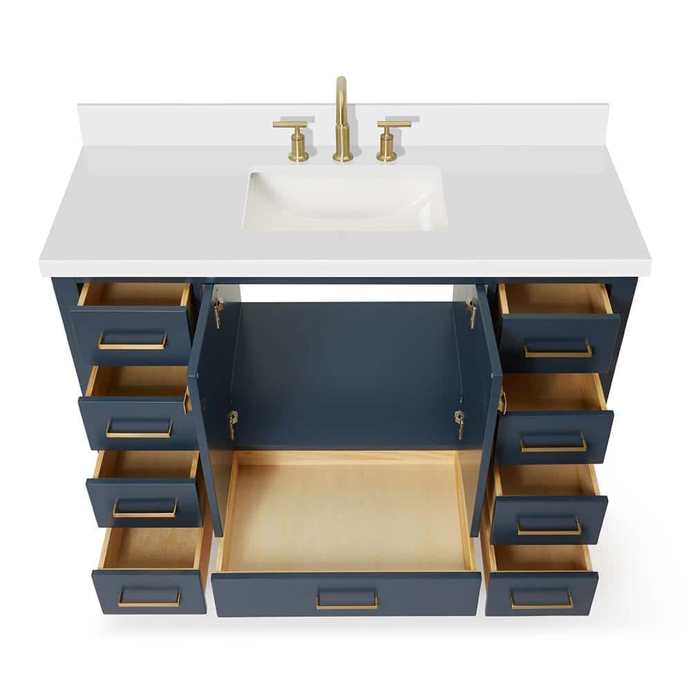 ARIEL 49" Bathroom Vanity with 1.5" Edge Pure White Quartz Countertop & Backsplash, Center Rectangular Sink, 2 Soft Closing Doors, 9 Full Extension Dovetail Drawers, Brushed Nickel - Midnight Blue