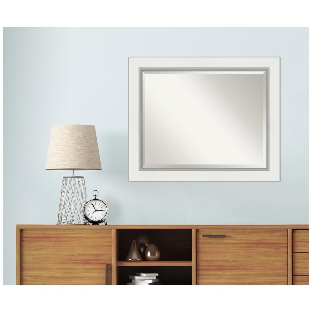Amanti Art 33" x 27" Eva White Silver Framed Bathroom Vanity Wall Mirror: Modern Rectangular, Wall-Mounted, Beveled Glass