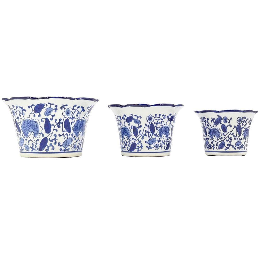 Set of 3 Blue & White Floral Ceramic Pots Ruffled Lip