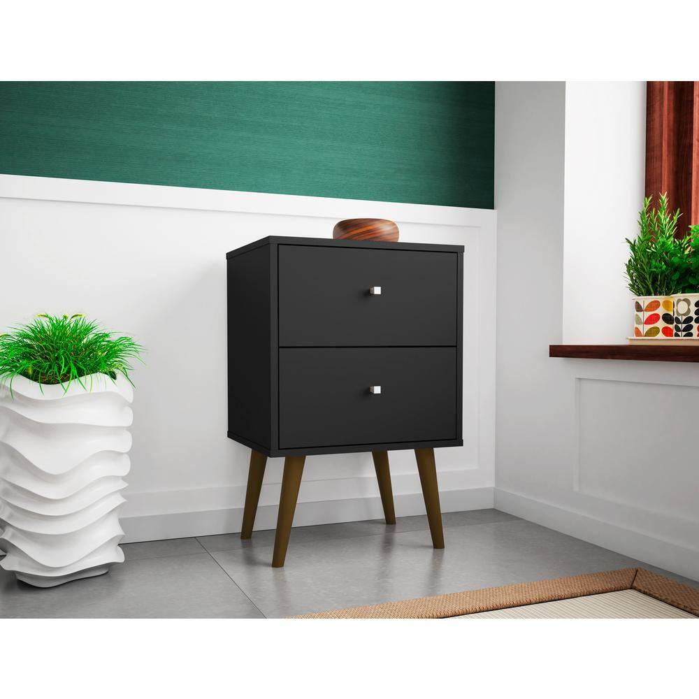 Manhattan Comfort Liberty 2.0 Mid Century Modern Nightstand Black: Particle Board Construction, Storage Drawer, Rectangle Shape