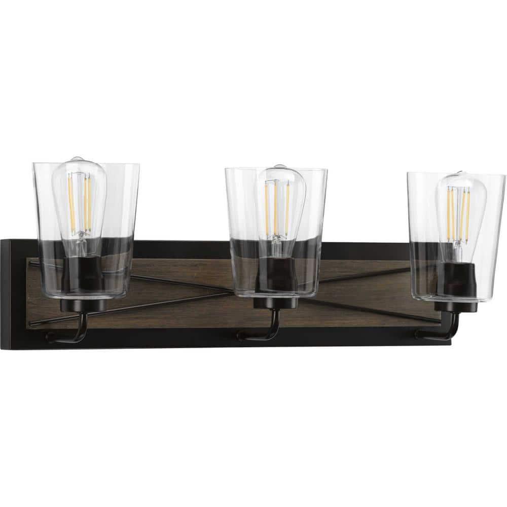 Progress Lighting Briarwood 3-Light Bath Vanity in Antique Bronze with Clear Glass Shades
