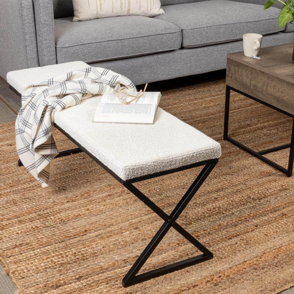 Harper Metal Bench with Boucle Upholstered Cushion, Cream and Black