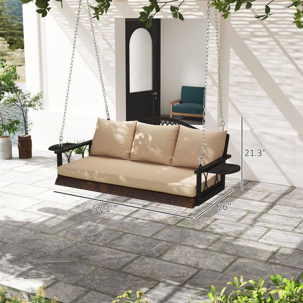 Outsunny 3 Person Outdoor Hanging Wicker Porch Swing Bench with Cup Holders, Cushions, and Chains, 800 LBS Capacity for Garden Backyard, Brown