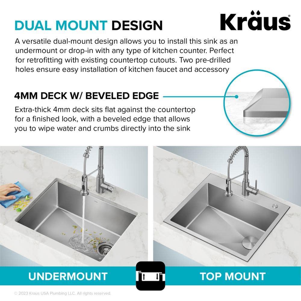 Kraus KHT411-25 Standart Pro Drop-in Topmount 16 Gauge Single Bowl 2-Hole Stainless Steel Set (5 Item Bundle: Sink, Bottom Grid, Assembly, Drain Cap, Kitchen Towel), 25 Inch, Tight Radius