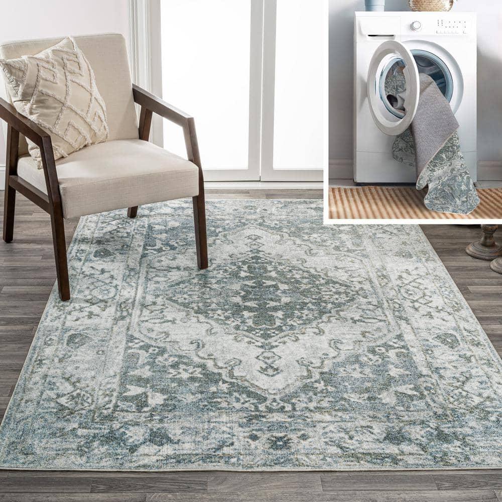 JONATHAN Y Pavel Distressed Medallion Low-Pile Machine-Washable Light Gray/Blue 5 ft. x 8 ft. Area Rug