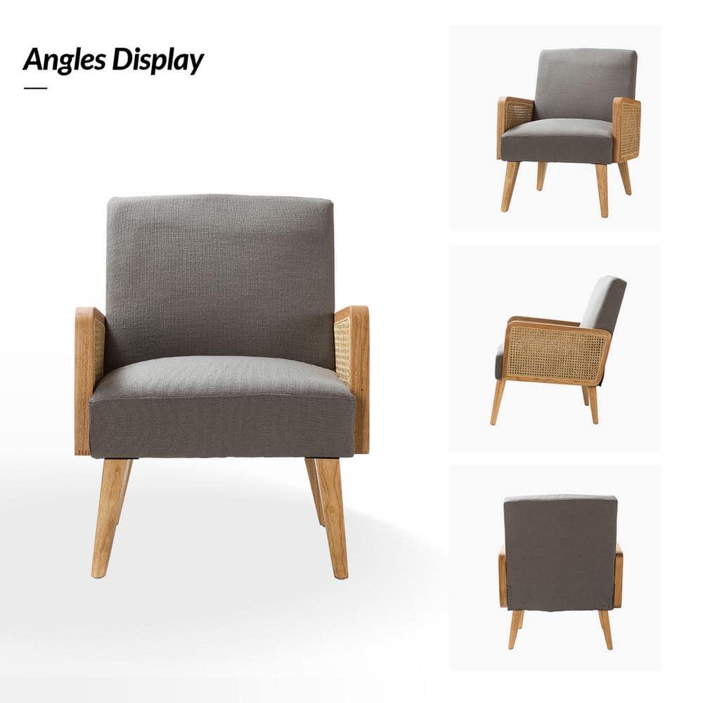 Farmhouse Accent Chair Rattan Armrests Fabric Upholstered Wooden Reading Armchair Living Bedroom Pewter