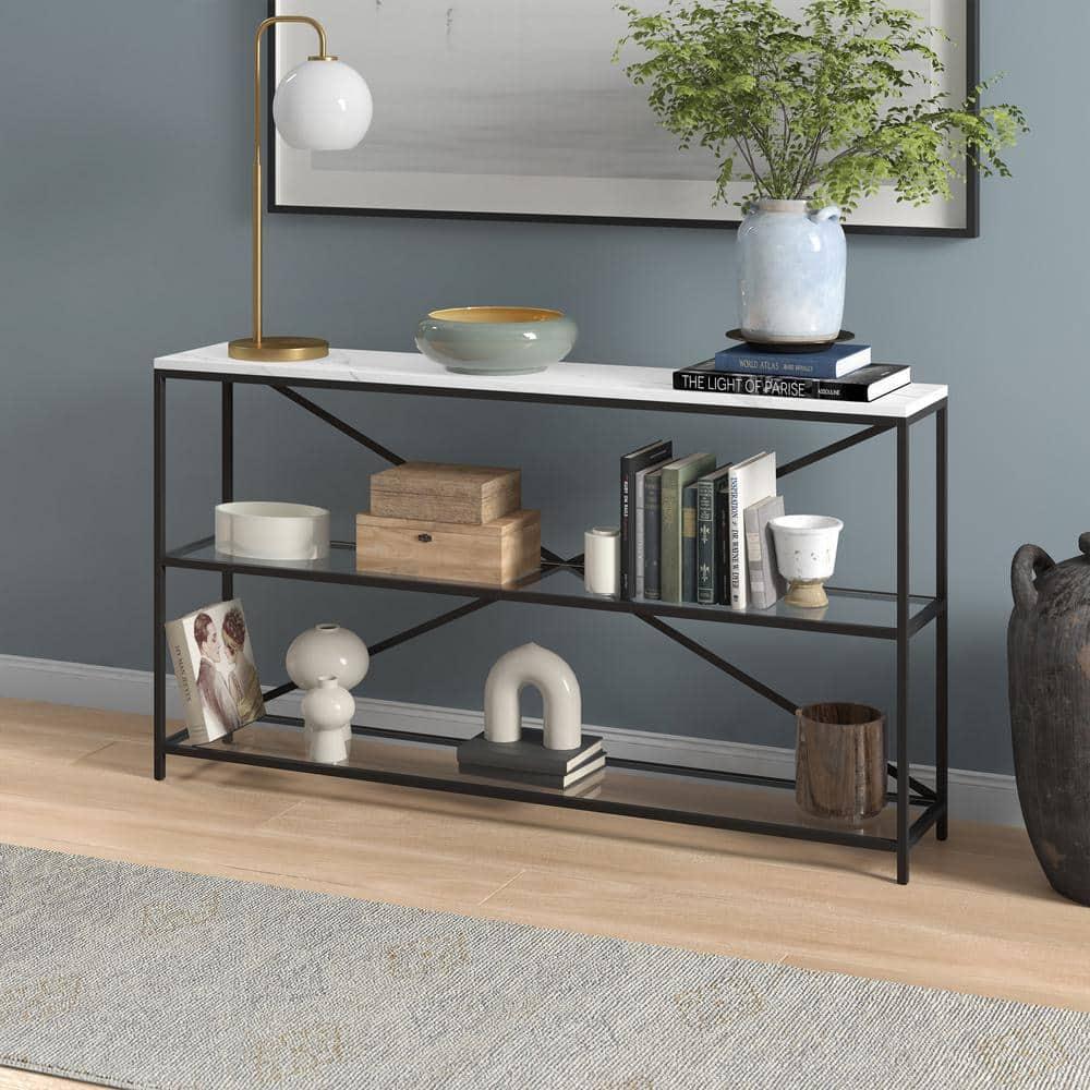 Evelyn&Zoe Fionn 55" Wide Rectangular Console Table with Faux Marble Top, Blackened Bronze