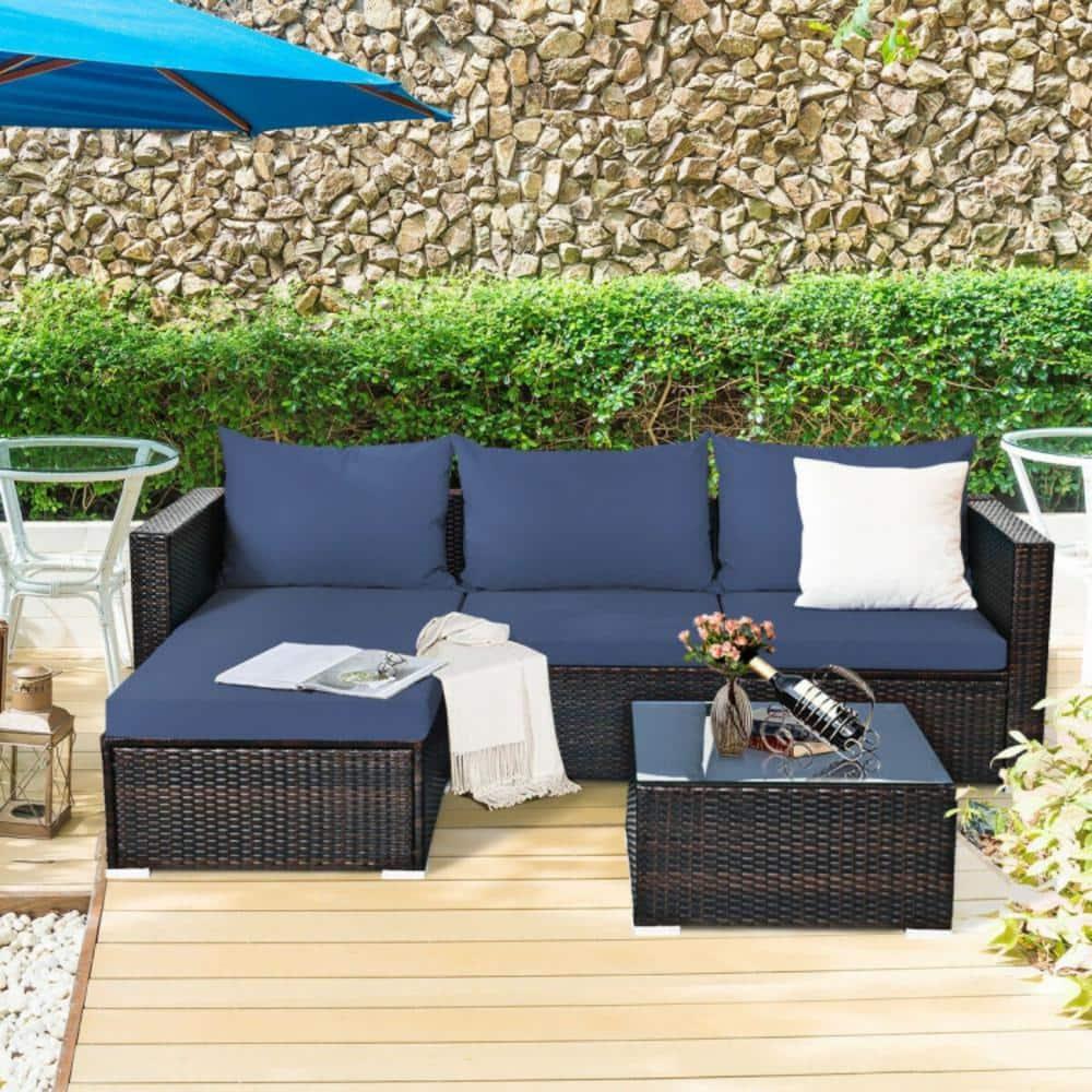 Kepooman Patio Furniture Sofa Set, Outdoor Conversation Sets, 5 Pieces Patio Rattan Sectional Furniture Set with Cushions and Coffee Table -Navy