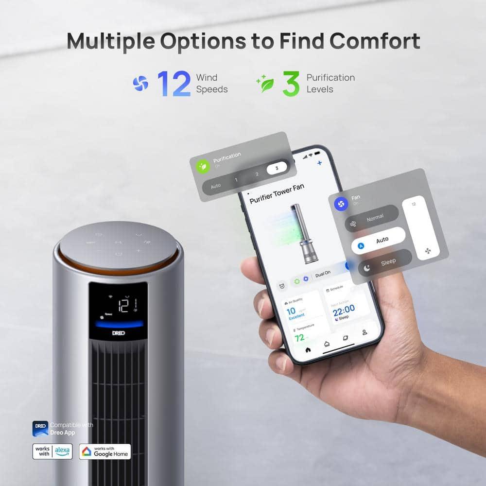 Air Purifier Tower Fan, 45 in. 2-in-1 Smart Fan, 27ft/s Velocity, 120°Oscillation, 24 H Timer, 25dB Low Noise, Silver