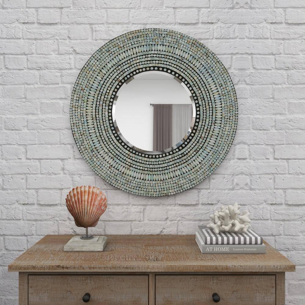 Olivia & May Wood Handmade Mosaic Wall Mirror Silver : Nautical Coastal Decor, 31.5" Round, No Assembly Required