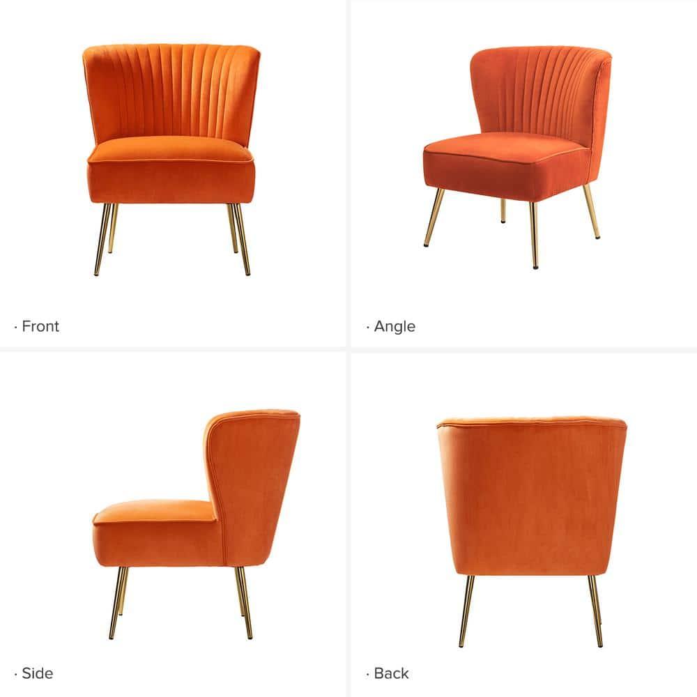 Velvet Accent Side Chair Set of 2 Transitional Armless Gold Leg Vanity Living Room Adult Orange